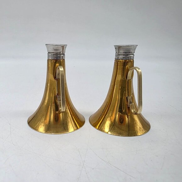 Vintage Brass & Glass Buggle Horn Shaped Salt & Pepper Shakers Removable Caps - Picture 5 of 10